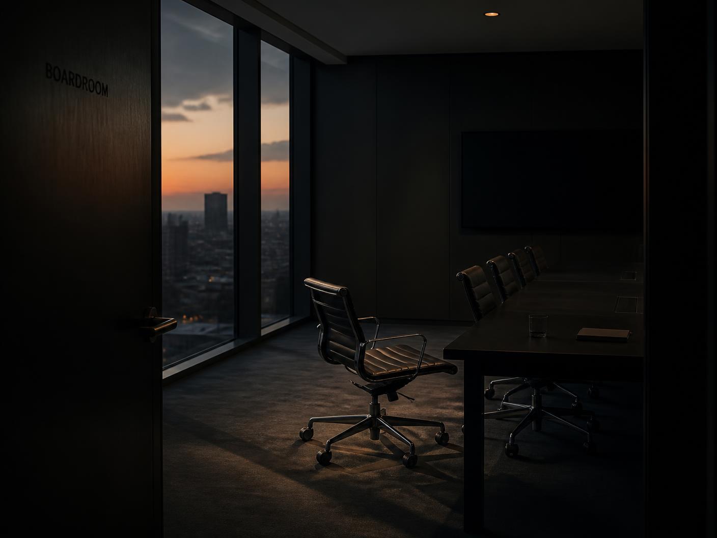 An empty executive boardroom lit by a single low light