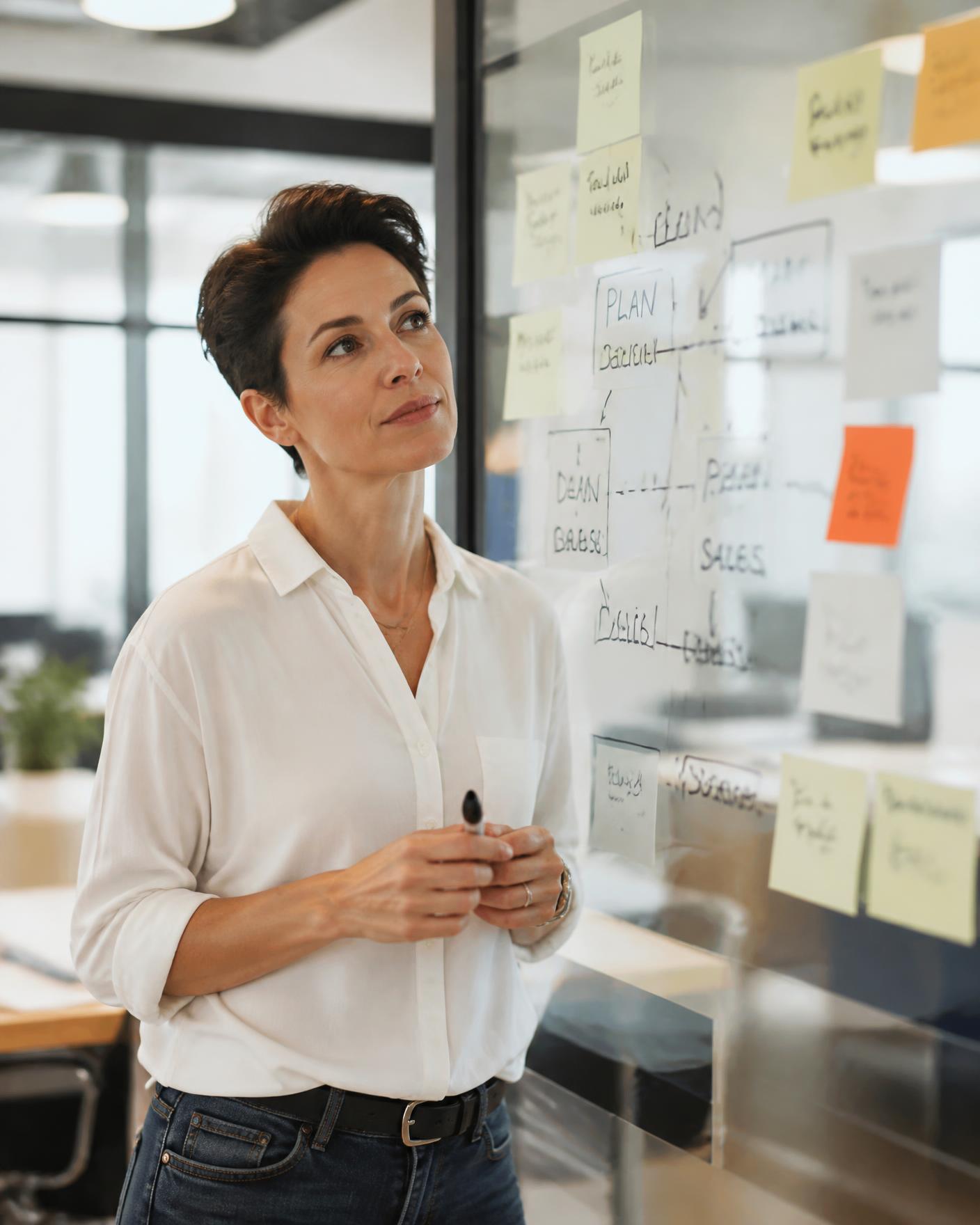 A business owner standing at a glass wall covered in sticky notes and workflow arrows